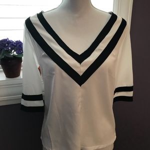 White Nautical Blouse - Black V-Neck Striped Trim